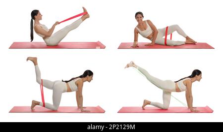 Woman doing sportive exercises with fitness elastic band on white background, collage Stock Photo