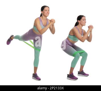 Woman doing sportive exercises with fitness elastic band on white background, collage Stock Photo