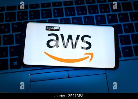 AWS - Amazon Web Services logo on smartphone Stock Photo