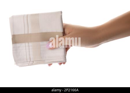 Woman holding handkerchief isolated on white, closeup Stock Photo
