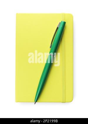 New stylish planner with hard cover and pen isolated on white, top view Stock Photo