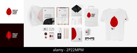 Corporate identity template of the company with a red logo in the form of a tree leaf. Modern bright design, editable elements, ready-to-print files. Stock Vector