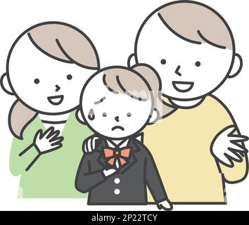 A worried female student in a blazer uniform and her parents encouraging her. Family illustration of daughter and parents. Simple style illustrations Stock Vector