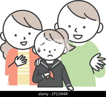 Anxious female student wearing a sailor suit and her parents encouraging her. Family illustration of daughter and parents. Simple style illustrations Stock Vector