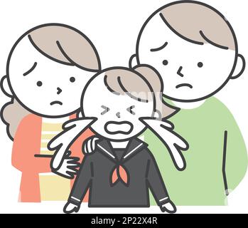 Crying female student wearing sailor suit and worried parents. Family illustration of daughter and parents. Simple style illustrations with outlines. Stock Vector