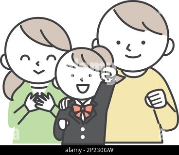 A smiling female student in a blazer uniform and her parents.Family illustration of daughter and parents. Simple style illustrations with outlines. Stock Vector