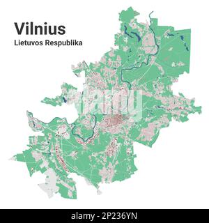 Vilnius city map, detailed administrative borders metropolitan map, Lithuania. River Neris, roads and railway, buildings and parks. Vector illustratio Stock Vector