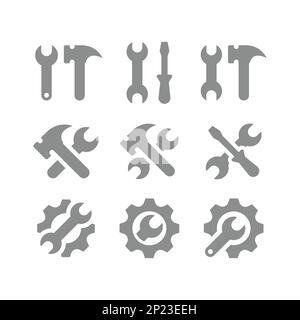 Wrench or spanner and hammer, screwdriver crossed icon set. Settings, tools and gear fill icons. Stock Vector