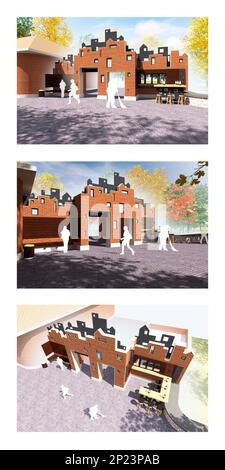 3d render illustration of a brick cafe exterior built in central park entrance near bus stop Stock Photo