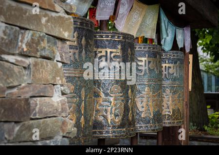 A row of metal tibetan buddhist prayer wheels with golden matra letters. Stock Photo