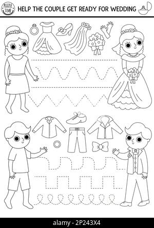 Vector wedding handwriting practice worksheet with bride and groom and clothes. Tracing game or black and white coloring page for writing skills. Help Stock Vector