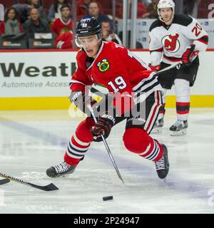 November 12, 2015: Chicago, Illinois, U.S. - Blackhawk #67 Tanner Kero sets  up in front of Devil Goaltender #35 Cory Schneider and #8 David Schlemko  during the National Hockey League game between