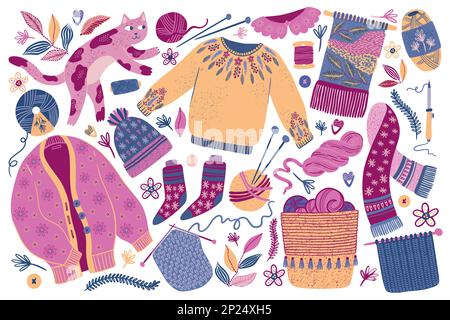 Wool cardigan or sweater. Handmade clothing. Scarf and socks. Funny pet cat. Knitting tools and knitted winter mittens. Macrame hobby. Trendy wear. Basket with yarn balls. Vector flat illustration Stock Vector