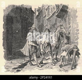 THREE MUSKETEERS. /D'Artagnan, Athos, Aramis, and Porthos. Illustration from a late 19th century edition, by Alexander Dumas pere. Illustration by Maurice Leloir. Stock Photo