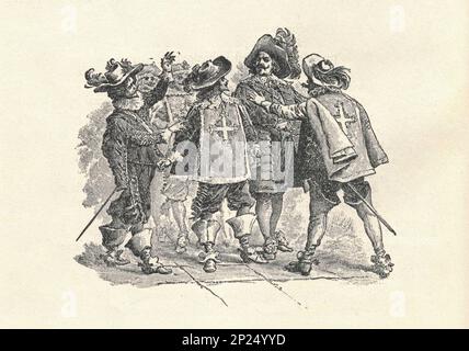 THREE MUSKETEERS. /D'Artagnan, Athos, Aramis, and Porthos. Illustration from a late 19th century edition, by Alexander Dumas pere. Illustration by Maurice Leloir. Stock Photo