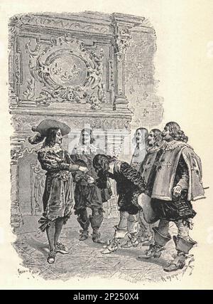 THREE MUSKETEERS. /D'Artagnan, Athos, Aramis, and Porthos. Illustration from a late 19th century edition, by Alexander Dumas pere. Illustration by Maurice Leloir. Stock Photo