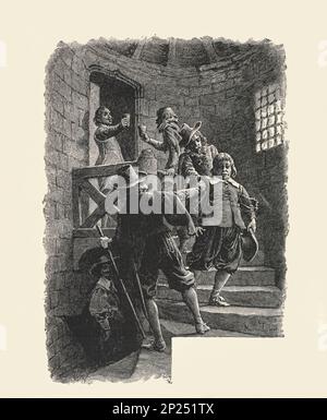 THREE MUSKETEERS. /D'Artagnan, Athos, Aramis, and Porthos. Illustration from a late 19th century edition, by Alexander Dumas pere. Illustration by Maurice Leloir. Stock Photo