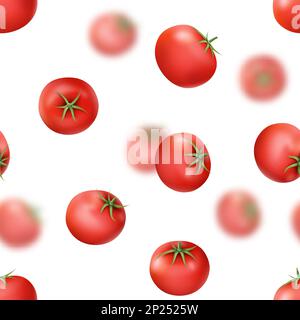 Falling tomato, flying red vegetables. 3d food for cooking paste wrapping, realistic motion elements, organic nature diet ingredient. Decor kitchen textile, print for fabric. Vector design background Stock Vector