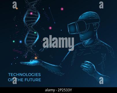 Biological VR industry. DNA hologram. Science laboratory. Genome research software for headsets. Future gene virtual studying. Hand gesture. Chromosome helix on scientists arm. Vector 3D illustration Stock Vector