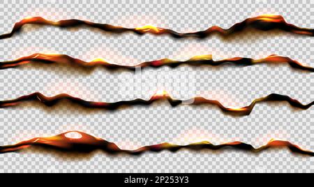 Burning paper frame, hot fire. Smouldering parchment edges, uneven black broken sheets, burnt flame. Scrapbook grunge texture. Vector realistic elements for decor isolated on transparent background Stock Vector