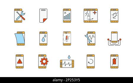 Mobile phone scratch protection icons. Smartphone screen cover. Cellphone repair after water problem. Waterproof signs. Gadget repair. Mute microphone and battery symbols. Vector color pictograms set Stock Vector
