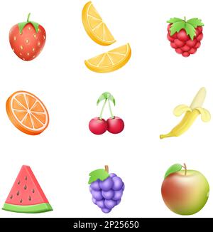 3d plasticine fruits, clay food set. Minimal nutrition nature, orange, strawberry, watermelon and banana. Strawberry, raspberry and cherry, ui cartoon icons. Vector slice render isolated elements Stock Vector