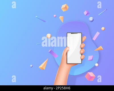 Smartphone kant, person hands hold phone with white blank screen, advertisement template. Man handful with mobile, online information, handle render, message concept. Vector cartoon people elements Stock Vector