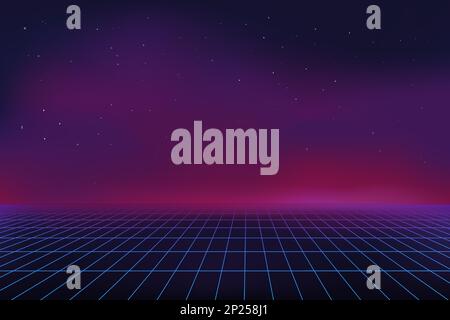 Retro game background. Digital waves. Abstract future landscape. 3D virtual purple grid. Line laser mesh. Space perspective. Wireframe backdrop. Empty surface. Cyberspace net. Vector graphic design Stock Vector