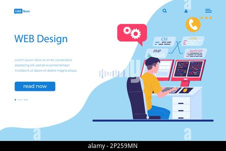 Web design landing page. Developer programming software. Man working at computer. Backend java coder. Professional engineer creating internet service digital program. Vector website interface template Stock Vector