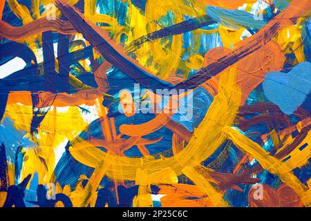 Colorful abstract oil painting made by children. Yellow, orange and blue chaotic brush strokes on a childish drawing. Messy infantile scribble close-u Stock Photo