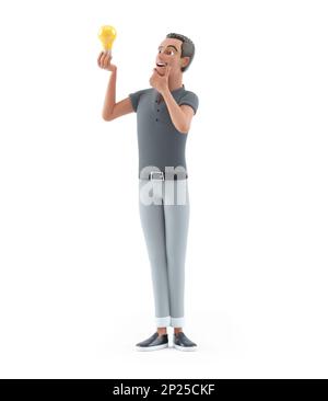 3d character man looking at light bulb, illustration isolated on white background Stock Photo