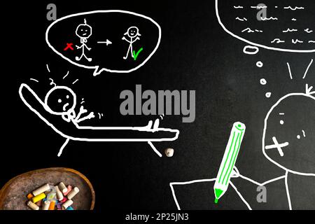 Gender dysphoria, suffering of an adolescent asking for help and accompaniment, affirmative therapy. Stick man hand drawing on a blackboard. Stock Photo