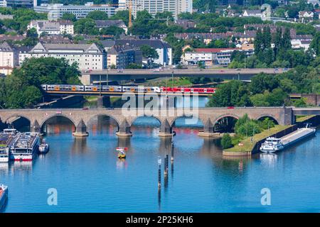 Koblenz: river Mosel (Moselle), bridge Balduinbrücke, railway bridge, local train in Rheintal, Rheinland-Pfalz, Rhineland-Palatinate, Germany Stock Photo