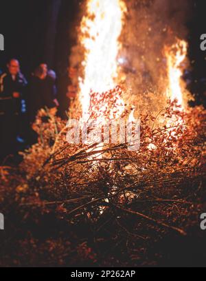 Orthodox Christmas celebration in Montenegro and Serbia, process of burning the Badnjak, fire with oak tree logs and branch during Badnji dan, the Chr Stock Photo