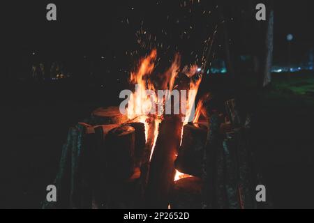 Orthodox Christmas celebration in Montenegro and Serbia, process of burning the Badnjak, fire with oak tree logs and branch during Badnji dan, the Chr Stock Photo