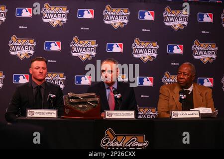 31 OCT 2015: Toronto Blue Jays Josh Donaldson winner of the 2015 Hank Aaron  Award with Baseball Commissioner Rob Manfred and Hall of Famer Hank Aaron  prior to Game 4 of the