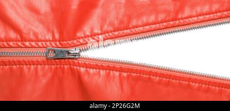 Red leather texture and open metal zipper isolated on white background. Business background, banner, header, mockup with copy space. Top view, flat la Stock Photo
