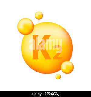 Vitamin K2 with realistic drop. Particles of vitamins in the middle. Stock Vector