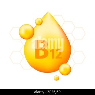 Vitamin b12 with realistic drop. Particles of vitamins in the middle Stock Vector