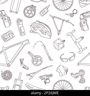 Line icon style seamless vector pattern of of bicycle parts, components, spares and accessories. Stock Vector