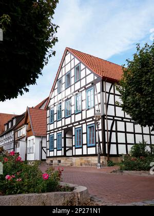 Germany, Lower Saxony, Rinteln, Traditional timber frame houses in Rinteln (Brennerstraße). Stock Photo