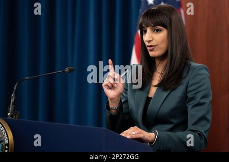 Pentagon Deputy Press Secretary Sabrina Singh holds a press briefing in the Pentagon Press Briefing Room, Washington, D.C., Jan. 19, 2023. Stock Photo