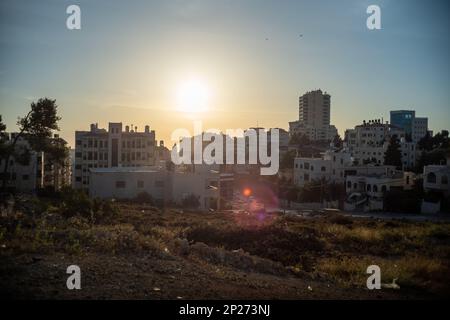 Ramallah Cityscape at Dusk with High Buildings and Trees Facing the Sun Stock Photo