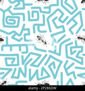 Seamless abstract pattern with ants. Vector labyrinth background. Stock Vector