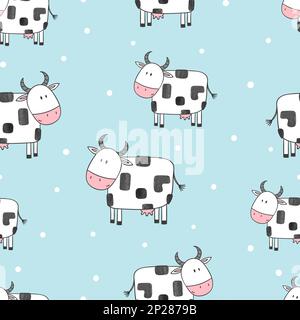 Doodle cartoon cows seamless pattern. Vector background Stock Vector
