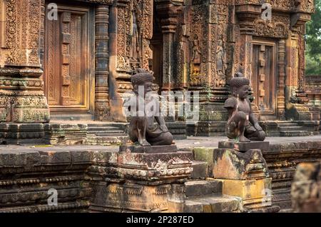 Part of the inner compund of the elaborate 10th century Banteay Srey temple within the Angkor area near Siem Reap in Cambodia. Stock Photo