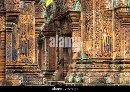 Elaborate carvings and bas reliefs in sandstone at the 10th century Bantaey Srey temple at Angkor near Siem Reap in Cambodia. Stock Photo