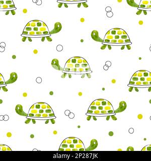 Green watercolor tortoise seamless pattern. Vector background with cartoon turtles. Stock Vector