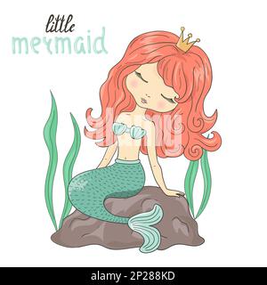 Beautiful little Mermaid sitting on the rock. Vector illustration. Stock Vector