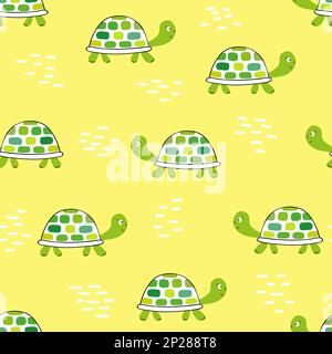 Seamless pattern with green tortoise on yellow. Vector background with cartoon turtles. Stock Vector